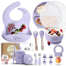O'doe 17-Piece BPA-Free Silicone Baby Feeding Set | Thick & Soft Suction Plates, Baby Bowls, Wooden Fork & Spoon, and More | Make Mealtime Fun and Easy for Your Little One (Purple, V2) by TinyTreasures Baby Boutique