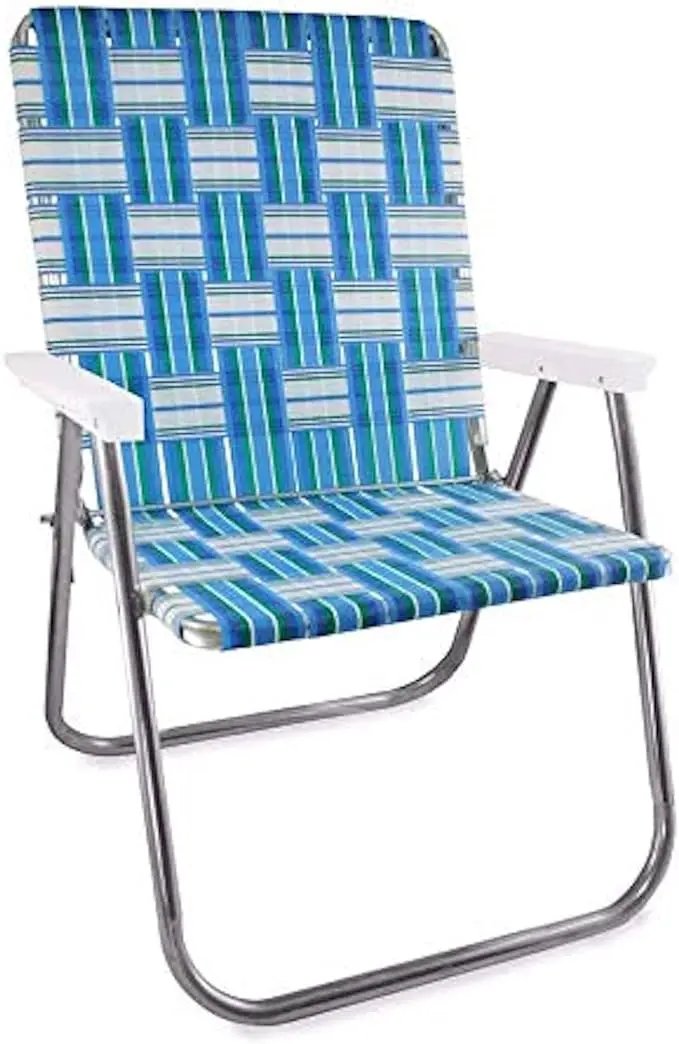 Lawn Chair USA Folding Aluminum Outdoor Patio Lawn Chair | Heavy-Duty Webbed Chairs for Camping, Sports, Beach, Yard & Tailgating | Lightweight Portable | Magnum - Sea Island with White Arms
