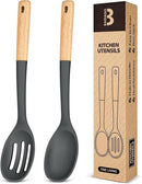 Silicone Cooking Spoons, Great for Scooping Sides and Serving Hearty Stews, BPA-Free Matte Silicone, Wooden Handle Serving Spoon for Nonstick Cooking Surfaces (Grey) by CozyNest Decor