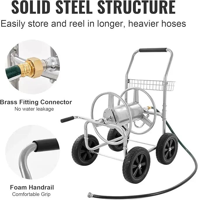 VEVOR Hose Reel Cart, Hold Up to 250 ft of 5/8’’ Hose, Garden Water Hose Carts Mobile Tools with 4 Wheels, Heavy Duty Powder-coated Steel Outdoor Planting with Storage Basket, for Garden, Yard, Lawn, photo 3 of 9
