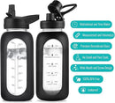 32 oz Glass Water Bottle with Straw and Handle, Sports Motivational Water Flask with Silicone Sleeve, Large Leakproof Water Flask Cup with Time Marker for Travel, Gym, Sage by CozyNest Decor