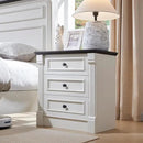 26" Tall Farmhouse Nightstand, 3 Drawers End Table w/Charging Station, 23.6" Wide Large Side Table w/Roman Column, Wood Rustic Sofa Table for Bedroom, White by CozyNest Decor