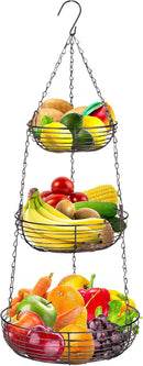 Home Intuition 3-Tier Hanging Fruit Produce Basket Heavy Duty Wire with 2 Metal Ceiling Hooks, Round, Bronze by CozyNest Decor