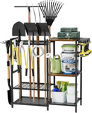 Garden Garage Tool Organizer - with 3-tier Shelves, Yard Tool Organizer for Garage with 4 Hooks, Heavy duty Steel Garden Tool Rack Holds up to 48 Long Handled Yard tools for Storage by GreenHaven Gardens
