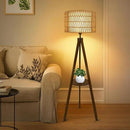 Boho Tripod Floor Lamp with Shelves, Mid Century Wood Standing Lamp with Rattan & Fabric Shades, ON/Off Foot Switch, Modern Farmhouse Tall Floor Lamps for Living Room Bedroom Office by CozyNest Decor