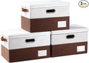 PRANDOM Foldable Storage Bins with Lids [3-Pack] Fabric Collapsible Storage Boxes Baskets Cubes Containers with Handles for Closet Living Room Bedroom (Brown & White 14.9x9.8x9.8'') by TinyTreasures Baby Boutique