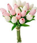 Mandy's Artificial Tulips 20 Stems White and Light Pink PU Faux Flowers for Wedding Home Decor 13.5 Inch by CozyNest Decor