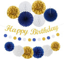 Navy-Blue Gold Birthday Party-Decorations Paper-Flowers - 14pcs Happy Banner Royal Lanterns Tissue Pom Poms,Men Streamers Garland Fans Honeycomb,Teen Boys Male Kids Hanging Supplies Decor Hugfond by CozyNest Decor