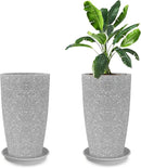 Tall Flower Pot Indoor - Outdoor Plant Pot - Gray Rough Planter - Elegant Stone Imitation - 12" Diameter 21" Tall with Drainage Holes and Saucer by CozyNest Decor