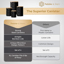 Pebble & Stem® Black Metal Canister Set for the Kitchen Counter, Food Canister Set of 4, Airtight Lids, Sugar and Flour Containers for Countertops, Coffee and Tea Storage, Farmhouse Decor by CozyNest Decor