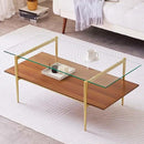 Rectangle Coffee Table, Mid-Century Modern Design, L41 W21 x H17, for Living Room, 2-Tier Structure, Clear Glass Top and Walnut MDF Shelf, Sleek Conical Metal Legs with Gold Finish by CozyNest Decor