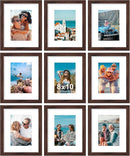 Vittanly 8x10 Picture Frames Set of 9, Shatter Resistant Plexiglass, Display 5x7 Pictures with Mat or 8x10 without Mat, Photo Frames for Wall or Tabletop, Engineered Wood, Walnut by CozyNest Decor
