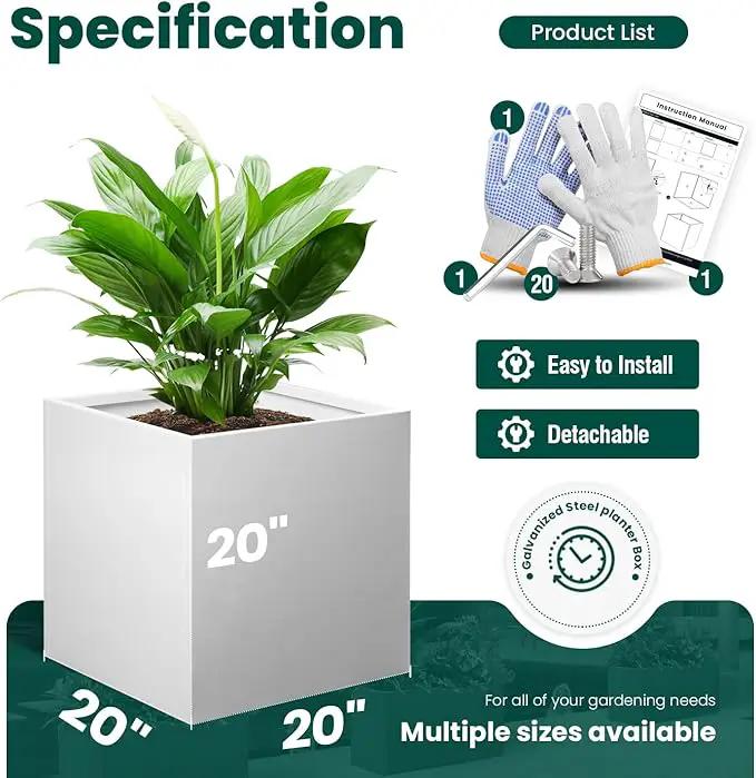 White Outdoor Planter Square Steel Planters Galvanized Steel Planter Box Indoor Metal Large Planters Cube Heavy Duty Flower Pot 20 Inch Modern Commercial Residential for Trees Patio Deck Yard Garden, photo 2 of 9