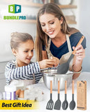 Pack of 4 Silicone Cooking Utensils Set, Non Stick Solid Spatulas and Heat Resistant Slotted Spoons with Wooden Handle, Ideal Wood Kitchen Utensils Set for Frying,Serving,Turning,Stirring (GRAY) by CozyNest Decor