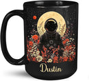 Astronaut with Moon and Wildflowers Coffee Mug, Custom Name Ceramic Cup 11oz 15oz, Unique Astronaut Coffee Cup for Friends, Personalized Astronomy Black Mug, Gifts for Birthday by CozyNest Decor