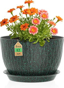 12 Inch Wide Water Ripples Flower Pots for Indoor or Outdoor Plants, Large Plant Pots with Drainage Holes & Saucer, Plastic Planters Set for Garden & Home Decor (Black with Green Speckles) by GreenHaven Gardens