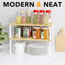 SpaceAid Cabinet Shelf Organizers 2 Pack, Kitchen Counter Rack Shelves Riser, Stackable Expandable Spice Rack, Pantry Cupboard Storage Organization (White and Natural, Long) by CozyNest Decor