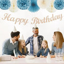 Dusty-Blue White Birthday Party-Decorations Paper-Flowers - 14pcs Happy Banner Boy Lanterns Tissue Pom Poms,Men Streamers Garland Fans Honeycomb,Baby Teen Male Kids Hanging Supplies Decor Hugfond by CozyNest Decor