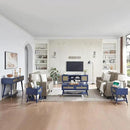 Mid Century Modern Entertainment Center, Blue TV Stand for TVs up to 75", Boho Tv Furnitures with Storage Cabinet and Shelves, Tv Console Media Center with Gold Metal Mesh Doors for Living Room by CozyNest Decor