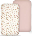 Muslin Bedside Bassinet Sheets 2 Pack, 33x20 Fitted Ultra Soft & Breathable Bedside Sleeper Sheets, Ideal for Baby Girl and Boy, Perfect for Newborns (Floral & Pink) by TinyTreasures Baby Boutique