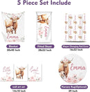 Personalized Baby Crib Bedding Set for Baby Girls, Pink Highland Cow Pattern Custom Name Baby Crib Sets 5-Pcs, Toddler Double Layer Blanket Fitted Sheets Changing Pad Cover Rug Wall Art Set by TinyTreasures Baby Boutique