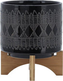 Sagebrook Home Black and Gray Aztec Design Ceramic Planter with Solid Rubberwood Stand for Tabletop Display in Living Room, Bedroom, or Office by GreenHaven Gardens
