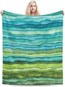 HGOD DESIGNS Watercolor Stripped Waves Blanket for Women, Lightweight Soft Fleece Flannel Throw Blanket Blue and Green Sofa Couch Living Room 50x60 Inch by CozyNest Decor