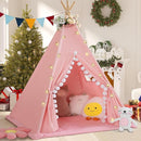 Teepee Tent for Kids with Padded Mat Cotton Canvas Kids Tent with Pompom for Toddlers Indoor Play Tent for Girls Boys with Stars Lights, Carry Bag, Banner Flag (Pink) by TinyTreasures Baby Boutique