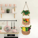 3 Tier Hanging Fruit Basket for Kitchen, Handmade Woven Cotton Hanging Wall Basket for Fruit Vegetable with 6 Hooks, Boho Style Over The Door Organizer for Living Bathroom Bedroom by CozyNest Decor