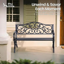 PHI VILLA 50-Inch Cast Iron Steel Frame Garden Bench Outdoor Patio Bench Chair w/Floral Design Backrest, Slatted Seat for Park, Yard & Porch, Black by GreenHaven Gardens