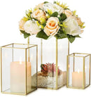 Glass Hurricane Candle Holder Large - Hewory 3pcs Gold Rectangle Flower Holders Centerpiece for Table, Tall Floor Square Pillar Candle Lantern for Wedding, Anniversary, Party, Fireplace, Dining Room by CozyNest Decor
