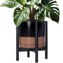 D'vine Dev Ceramic Planter with Ebony Stand - 12 Inch Modern Round Flower Pot with Wood Planter Holder, Black/Speckled Tan, 55-B-H-7 by GreenHaven Gardens