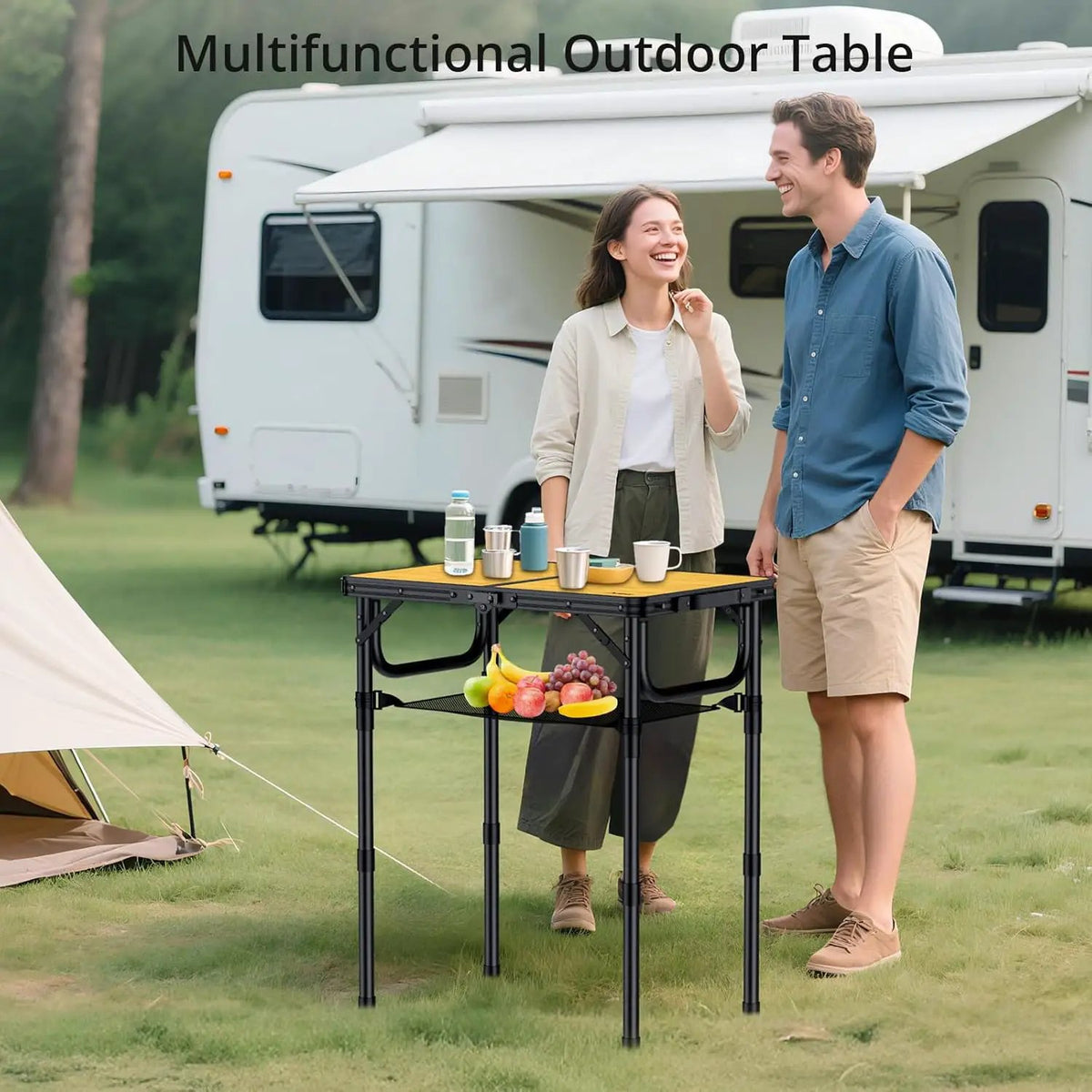 2ft Camping Table Foldable with Storage Net, 3 Adjustable Heights Aluminum Small Folding Table, Lightweight, Portable Handle, for Travel Outdoor Beach Camping Picnic, 23.2" x 16", Yellow, photo 2 of 6