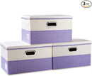 PRANDOM Large Foldable Storage Bins with Lids [3-Pack] linen Fabric Decorative Storage Boxes Organizer Containers Baskets Cube with Handles Divider for Bedroom Closet Purple&Cream(17.7x11.8x11.8) by TinyTreasures Baby Boutique