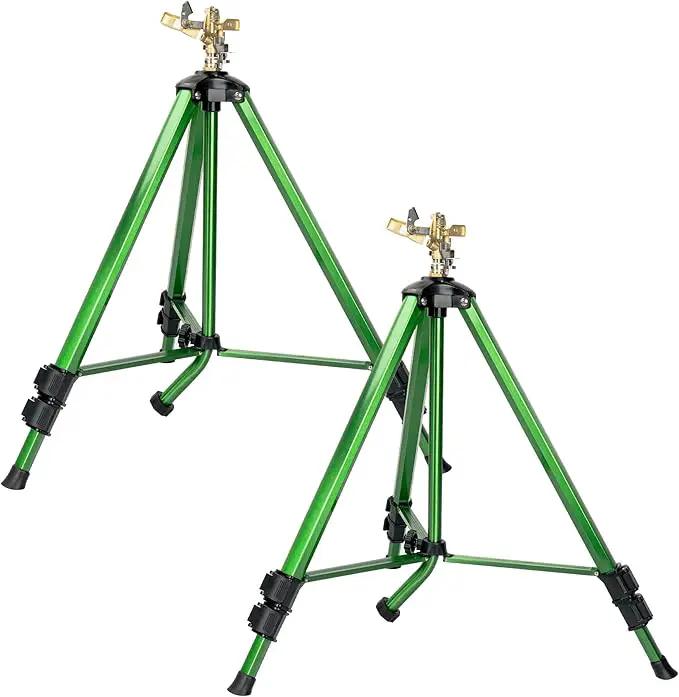 Impact Sprinkler on Tripod Base, Heavy Duty Adjustable Zinc Sprinkler Head for Lawn Yard Garden, 360 Degree Large Area Irrigation, 3/4" Connector Extension Legs Flip Locks, 2 Pack
