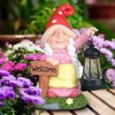 Solar Garden Gnome Statue Holding LED Lantern with Welcome Sign Outdoor Ornaments Waterproof Christmas Decoration for Outside Patio Yard Lawn Decor (Pink) by CozyNest Decor