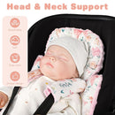 3-in-1 Infant Car Seat Insert, Soft Head and Body Support,Ultra & Strap Covers Set, Reversible Newborn Car Seat Cushion Pad for Baby Boy & Girl fits Stroller, Swing, Bouncer (Pink Bow) by TinyTreasures Baby Boutique