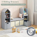 Vabches Toy Storage Organizer for Kids Bookshelf with Reading Nook, Multifunctional Bookcase with 7 Storage Cubbies, 2 Movable Drawers and Seat Cushion for Keeping Kids' Toys Books Organized, Grey by CozyNest Decor