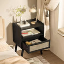 Lerliuo Rattan Nightstands Set of 2, Bedside Table with Drawer Open Shelf, Cane Accent Side End Table with Solid Wood Legs, Black Mid Century Night Stand for Bedroom, Dorm and Small Spaces by CozyNest Decor