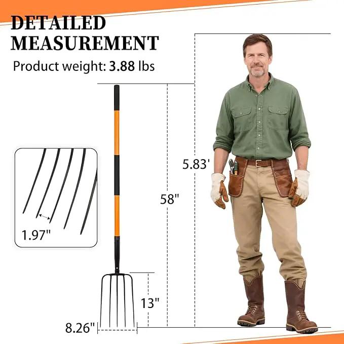 5 Tine Pitchfork for Gardening, Heavy Duty Pitchfork with Fiberglass Handle, Garden Fork for Mulching, 58 Inches, photo 7 of 7