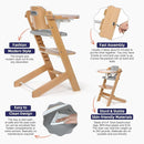 Cowiewie 3-in-1 Convertible Natural Wooden High Chair for Babies & Toddlers 3-Tier Remove & 2 Adjustable Wood Tray & 8 Levels Adjustable, 2 Waterproof Cozy Cushions Grey by TinyTreasures Baby Boutique