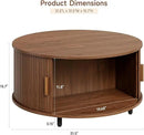 Round Coffee Table with Storage, 31.5" Modern Coffee Table with 360° Curved Sliding Door, Fluted Wood Accent Coffee Table with Adjustable Footpads, Round Center Table for Living Room, Walnut by CozyNest Decor