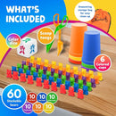 Skoolzy Rainbow Stacking Bears with Matching Sorting Cups 69 Piece Set, 60 Bear counters, Scissor Tongs, Rainbow Cups, Storage Bag, Sorting dice Game by TinyTreasures Baby Boutique