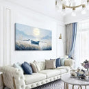 Large Wall Art for Living Room Bedroom Decor - Modern Nautical Beachy Ocean Beach Seascape Nature Artwork with Blue Boat Moon Lake Mountain Sea - Relaxing Serene Canvas Picture for Coastal Rustic Home by CozyNest Decor