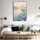 The hydrangea scenery all over the lake at sunset is suitable for posting in the living room bedroom office landscape poster wall painting by CozyNest Decor