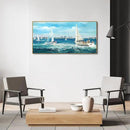 XLSJERST Blue Canvas Wall Art Seascape Painting - Landscape Picture Textured Navy Modern Sailboat Ocean Artwork Framed for Living Room Bedroom Bathroom Home Office Wall Decor Large Size 20"x40" by CozyNest Decor