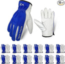 12 Pairs Bulk Leather Work Gloves for Men or Women for Construction, Wood cutting, Driving, Gardening, Automotive Repair, Soft, Cowhide, Class 4 Abrasion Resistant, Blue-White, XXL. by GreenHaven Gardens