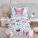 PERFEMET 4-Piece Girls Butterfly Bedding in Pink Floral - Reversible Colorful Flower Toddler Bed Comforter Set for All Season (White, Butterfly) by TinyTreasures Baby Boutique