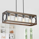 XINGQI Rectangle Chandeliers 31.5" Farmhouse Kitchen Island Lighting Fixture Over Table Modern Vintage Linear Hanging 4-Light for Dining Room Living Room Black Wood Grain Finish with Glass Lampshade by CozyNest Decor