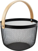 Metal Mesh Steel Basket, Garden Harvest Basket for Gathering Vegetables Round Wire Basket with Handle Storage Organizer Multi-functional Hanging Fruit Basket for Kitchen Bathroom Picnic